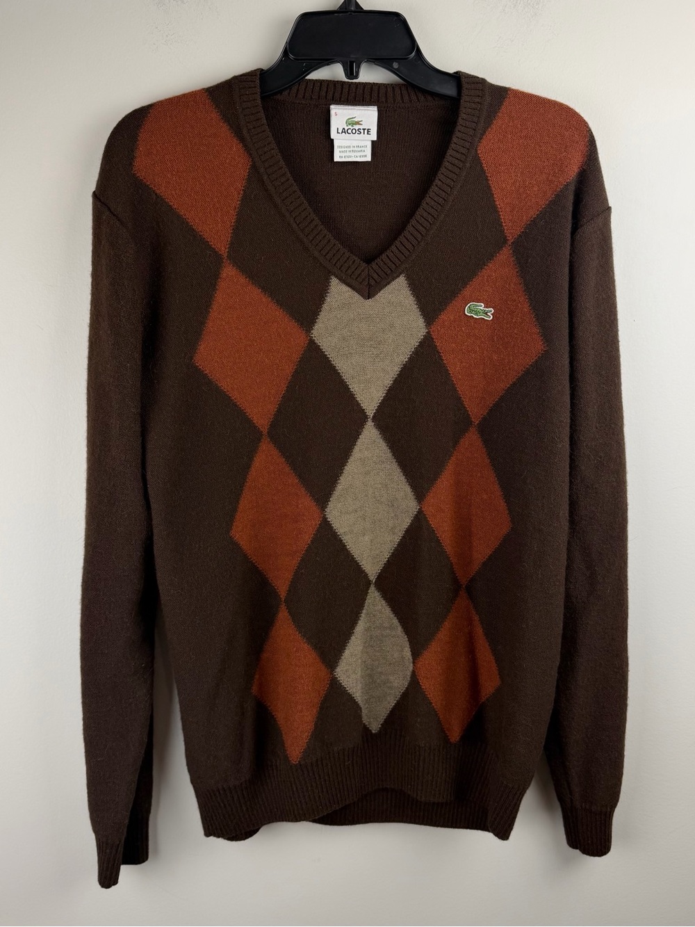 Lacoste Men Vintage V-Neck Brown Acrylic/Wool/Alpaca Logo Sweater Size 5 US L